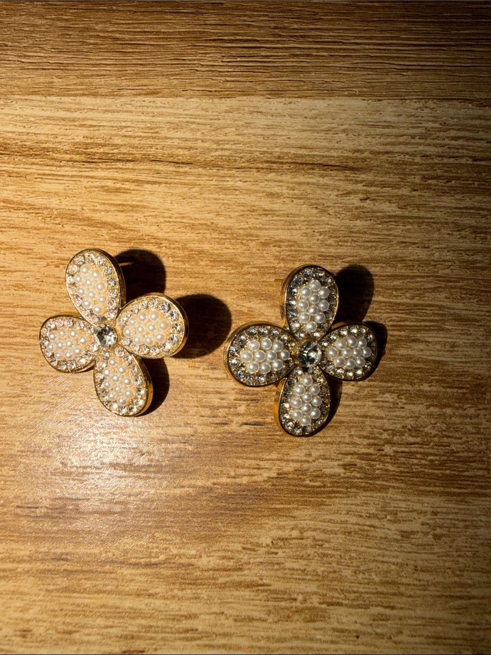Gold Floral Pearl & Crystal Stud Earrings - Women Jewelry